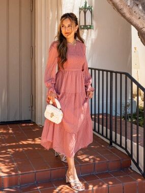 MEROKEETY LONG SLEEVE CREWNECK SWISS DOT SMOCKED MAUVE MIDI DRESS